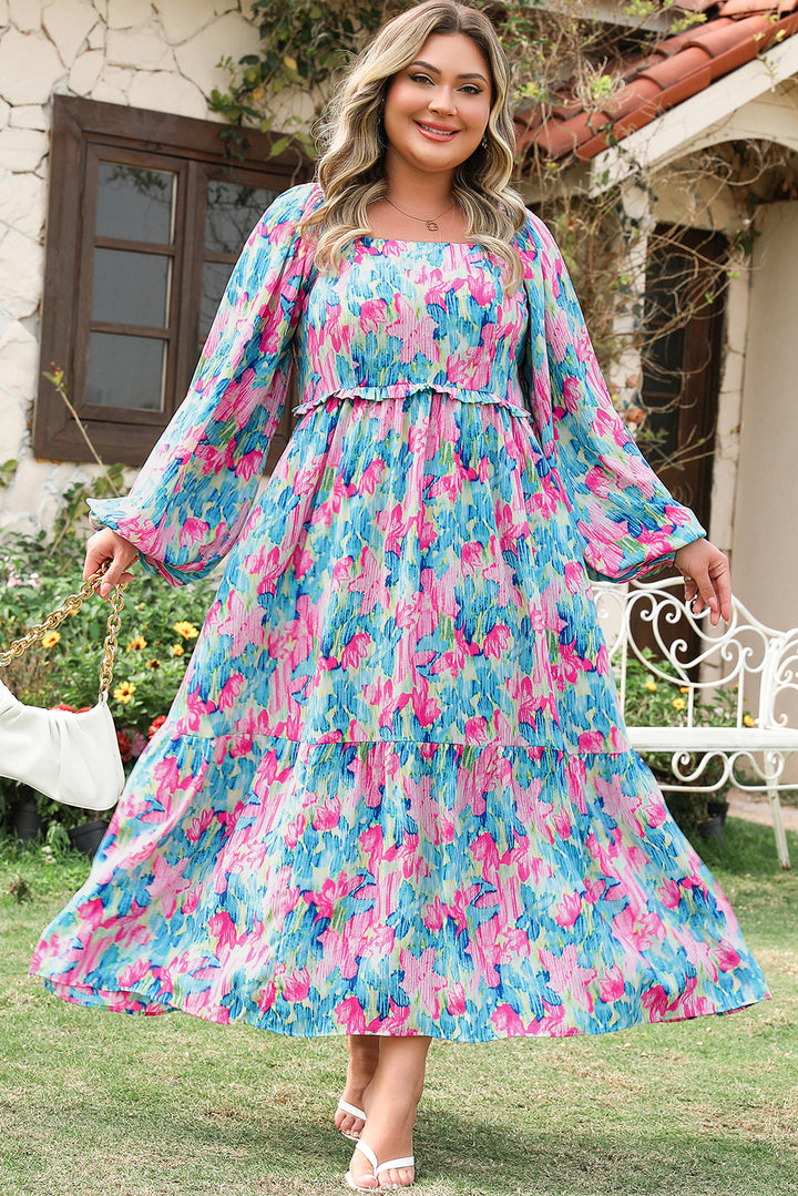 Sky Blue Floral Allover Print Shirred Square Neck Plus Size Maxi Dress