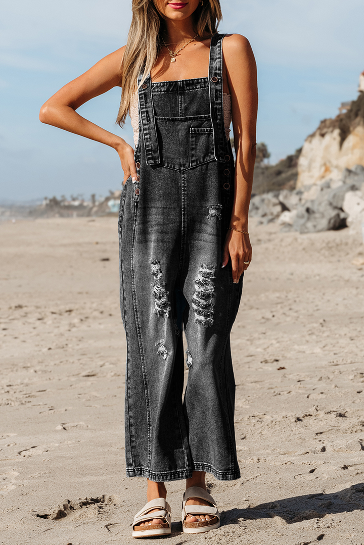 Black Distressed Bib Pocket Wide Leg Denim Overall