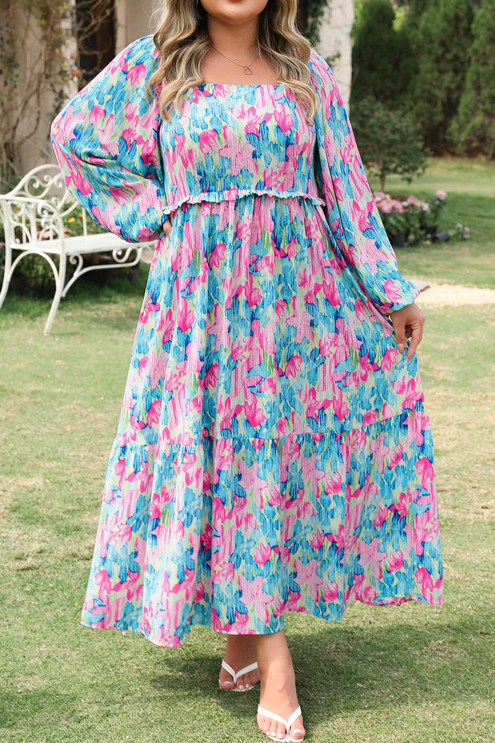 Sky Blue Floral Allover Print Shirred Square Neck Plus Size Maxi Dress