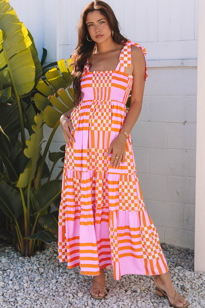 Pink Boho Gingham Tied Straps Smocked Maxi Dress