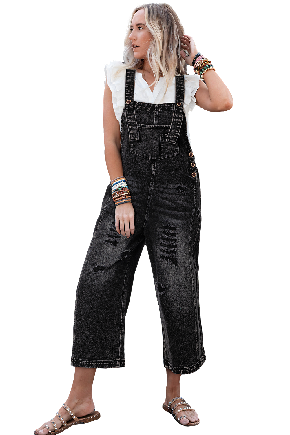 Black Distressed Bib Pocket Wide Leg Denim Overall