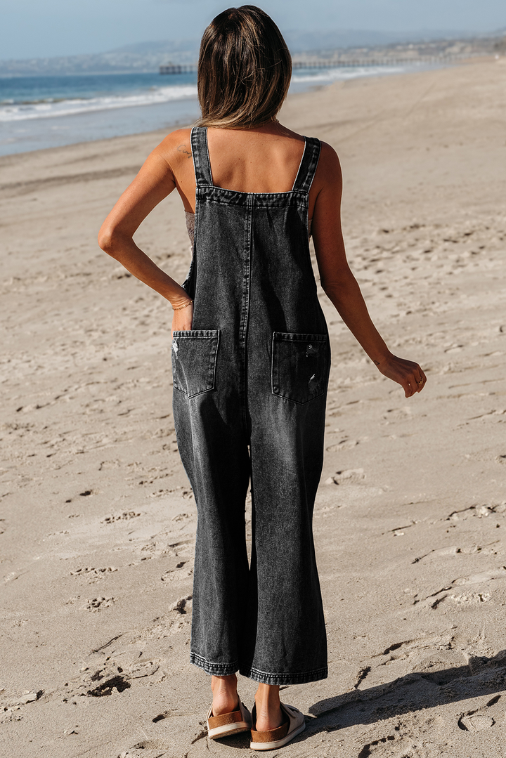 Black Distressed Bib Pocket Wide Leg Denim Overall