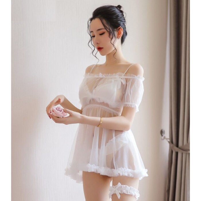 Sexy Sheer Mesh Off Shoulder Nightdress And Lingerie Set - # White - 1 –  Fashamo