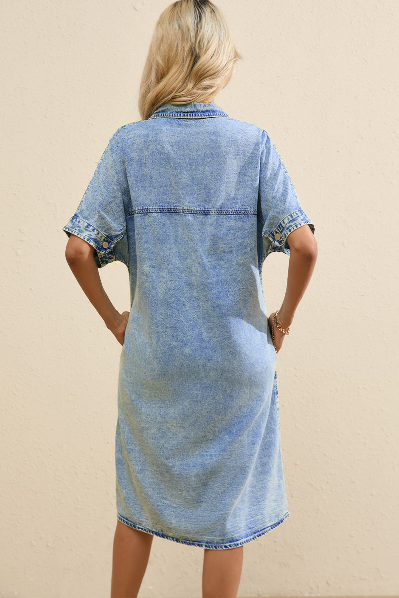 Light Blue Loose Medium Wash Short Sleeve Shirt Chambray Dress