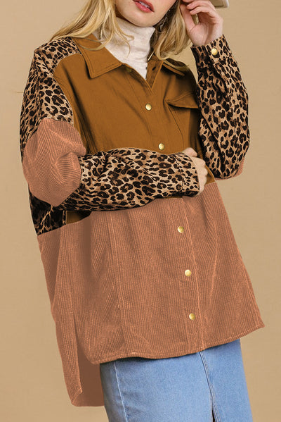 Beige Leopard Patchwork High Low Shirt Jacket