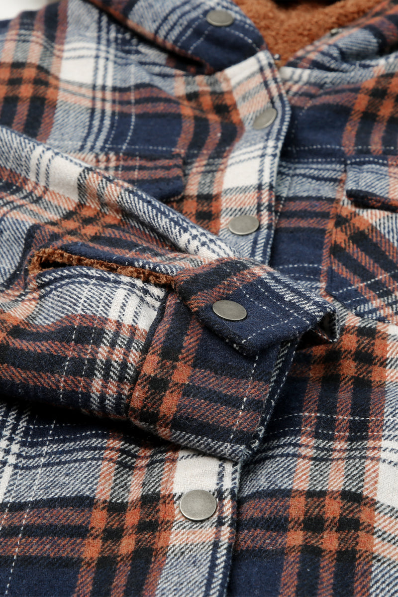Blue Plaid Pattern Sherpa Lined Hooded Shacket