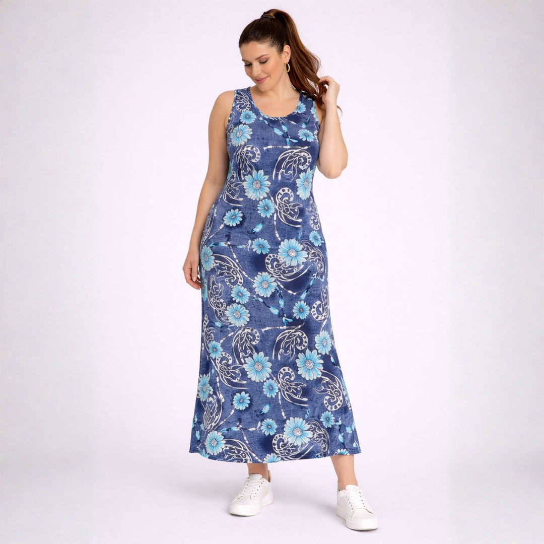 Sleeveless Turquoise + Blue Floral Pattern Maxi Dress