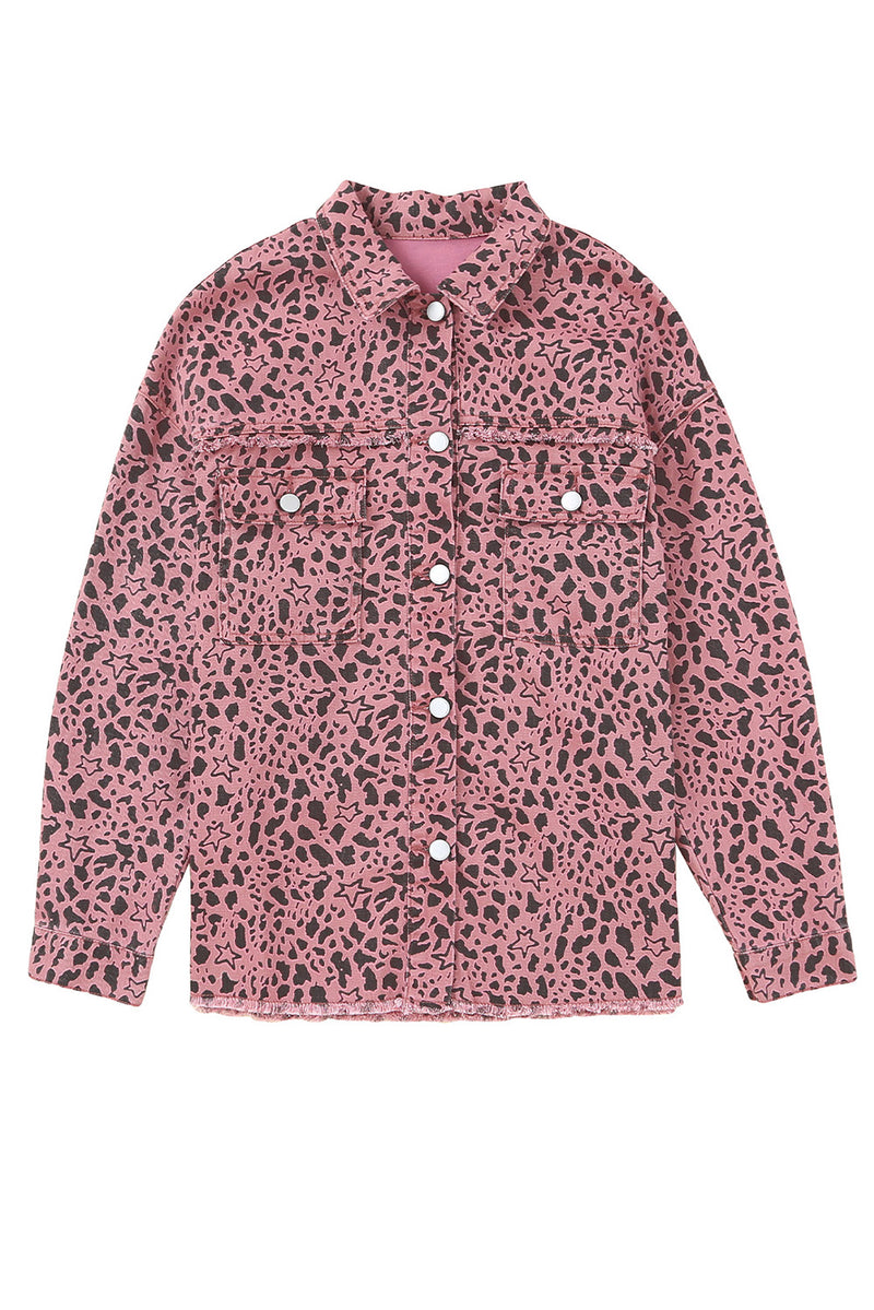Pink Stars & Animal Spots Print Button Up Denim Shacket