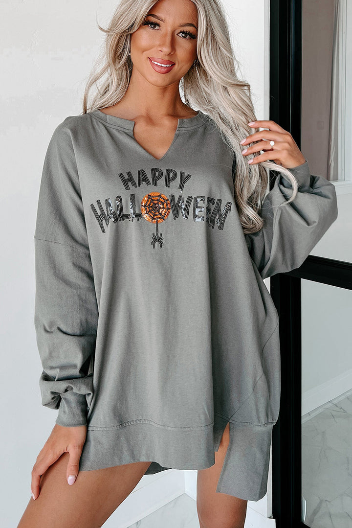 Chestnut Sequin Happy Halloween Graphic Notched Neck Long Sleeve Loose Top