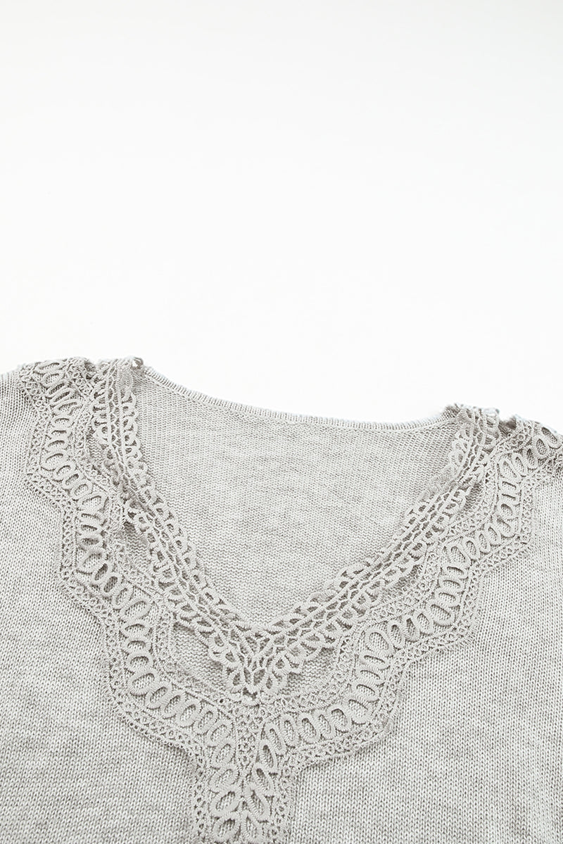 Gray Plus Size Hollowed Lace Splicing V Neck Sweater