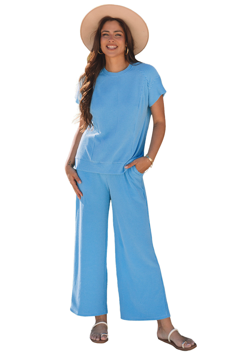 Wild Wind Solid Corded Knit Short Sleeve T Shirt and Wide Leg Pants Set