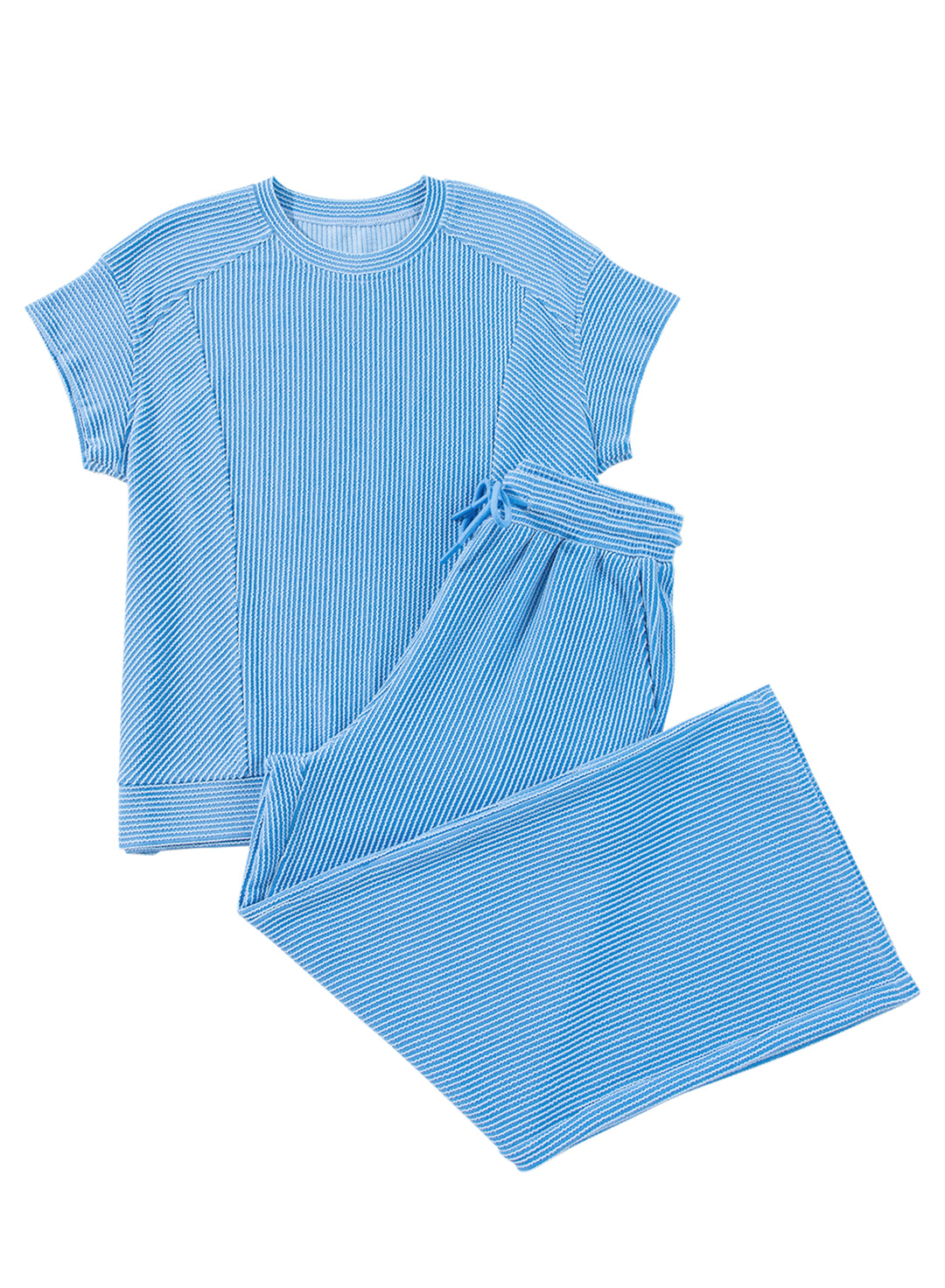 Wild Wind Solid Corded Knit Short Sleeve T Shirt and Wide Leg Pants Set