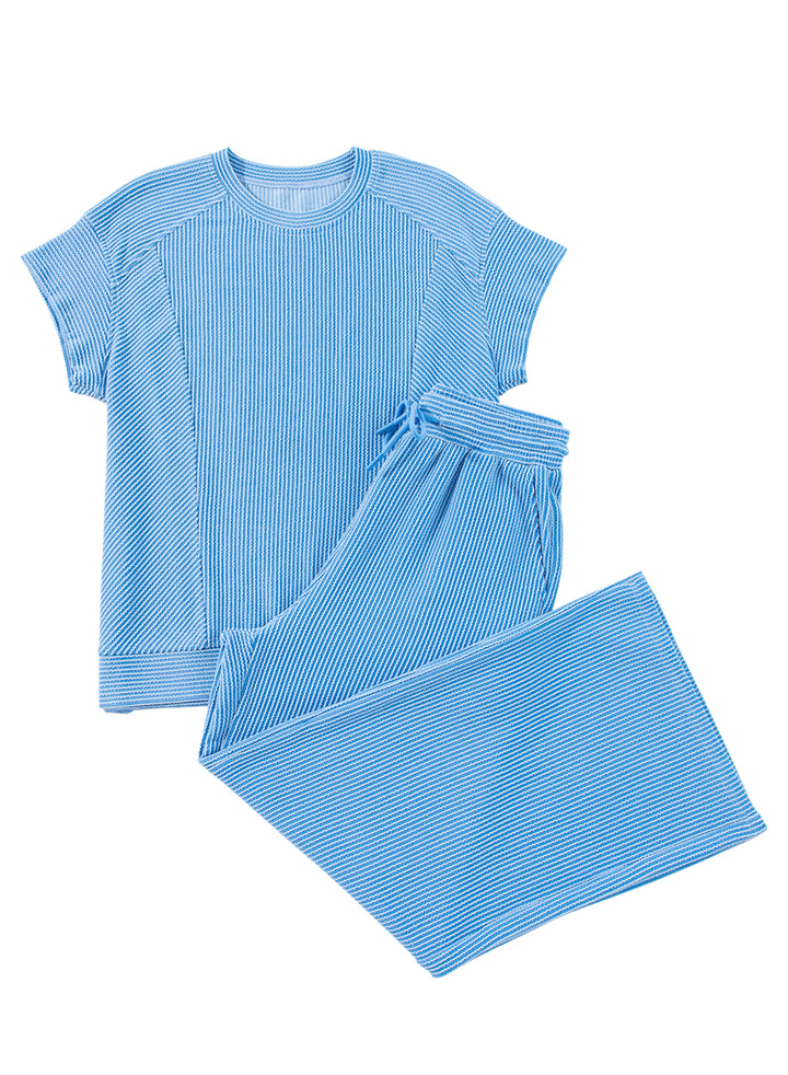 Wild Wind Solid Corded Knit Short Sleeve T Shirt and Wide Leg Pants Set