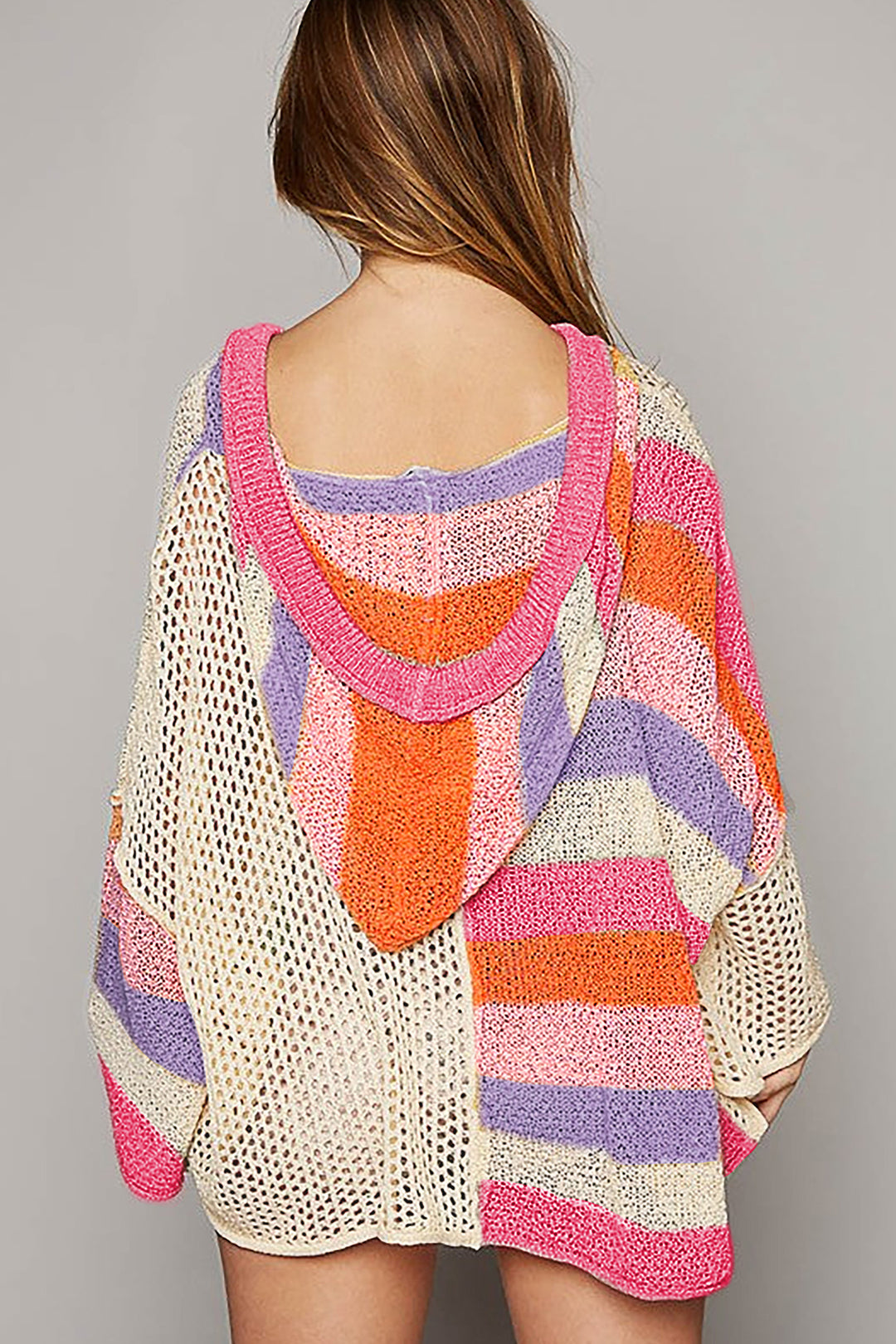 Beige Oversized Colorblock V Neck Hooded Sweater