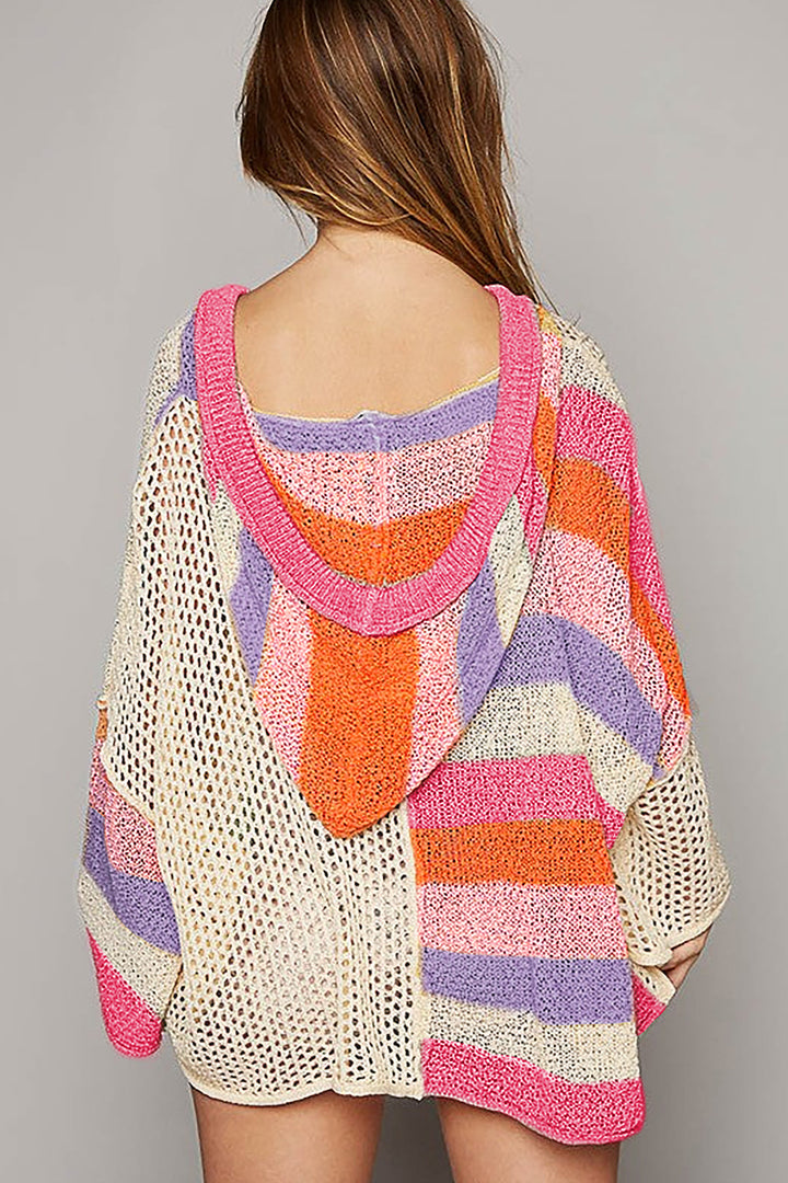 Beige Oversized Colorblock V Neck Hooded Sweater