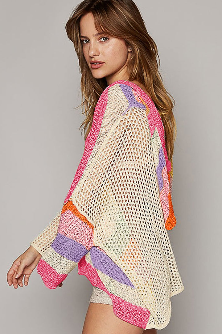 Beige Oversized Colorblock V Neck Hooded Sweater