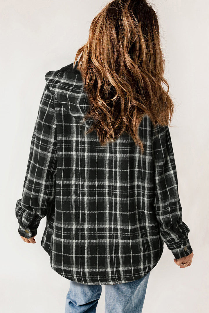 Blue Plaid Pattern Sherpa Lined Hooded Shacket