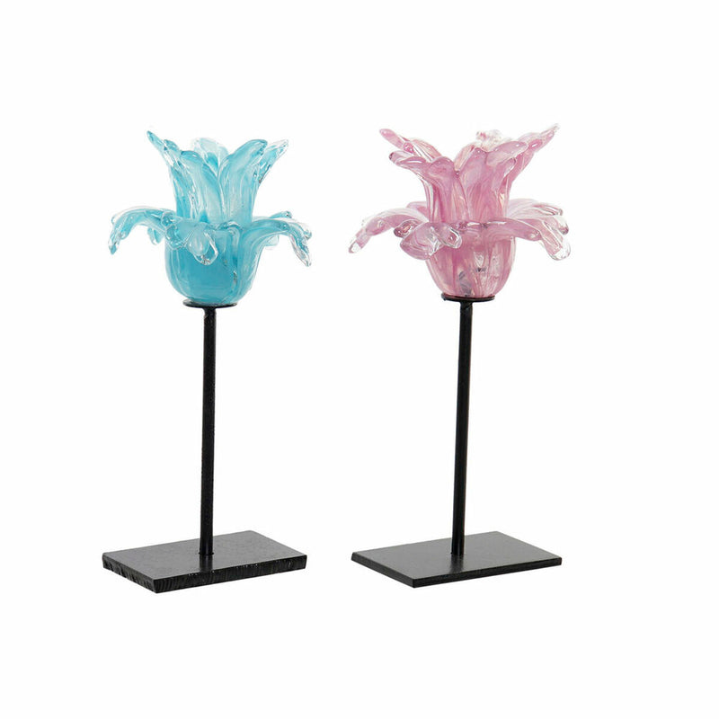 Candleholder DKD Home Decor Blue Pink Metal Crystal 12 x 12 x 24 cm (2 Units)