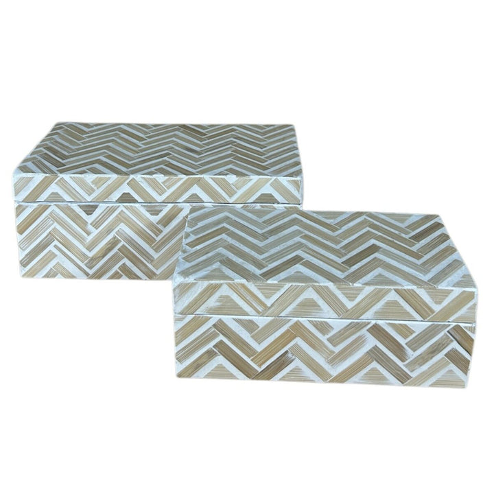 Set of decorative boxes Home ESPRIT White Brown Resin Bamboo Tropical (2 Units)