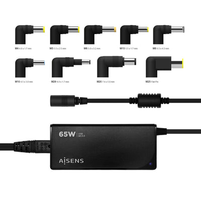 Current Adaptor Aisens Cargador 65 W Automatico Universal Multitension Para Portatil Con 9 Conectores + USB-A QC.3.0