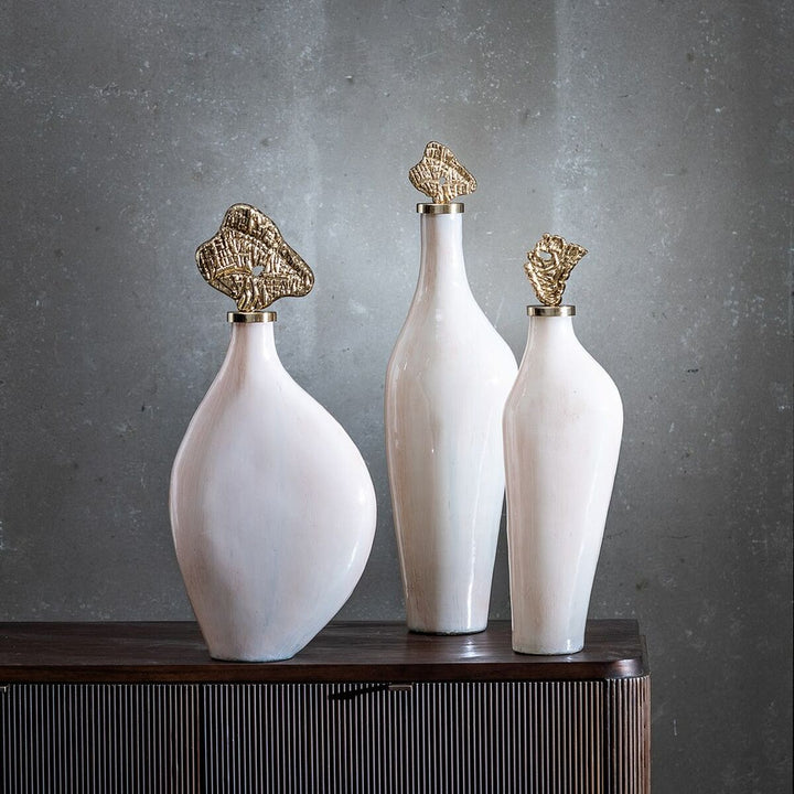 Decorative bottle Cream Golden 13 x 10 x 47 cm Decorative
