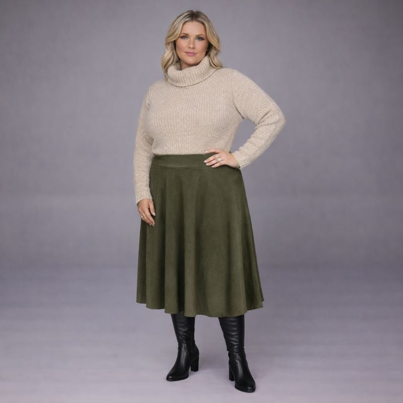 Faux Suede Elastic Waist Skater Skirt