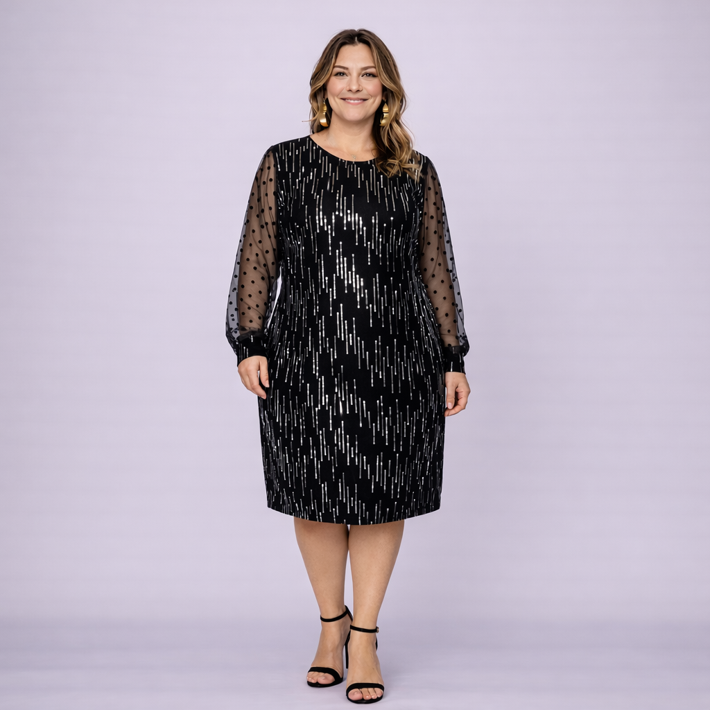 Cocktail Dress with Net Sleeves and Silver Sequins