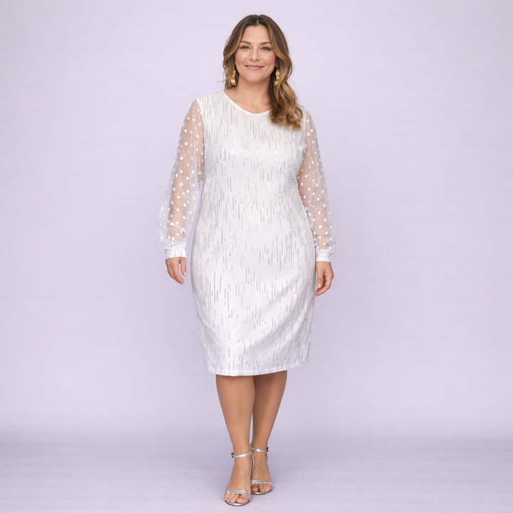 Cocktail Dress with Net Sleeves and Silver Sequins