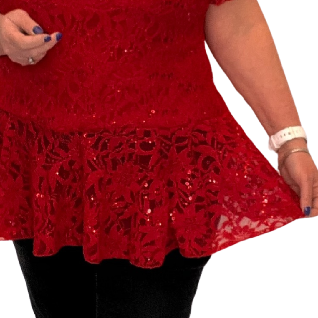 Sequin & Lace Short Sleeve Peplum Blouse