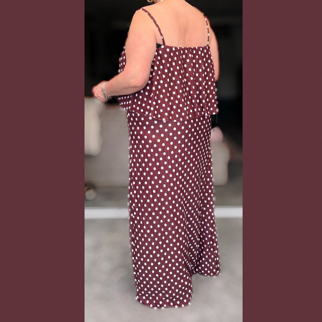 Polka Dot Pleated Strappy Maxi Dress