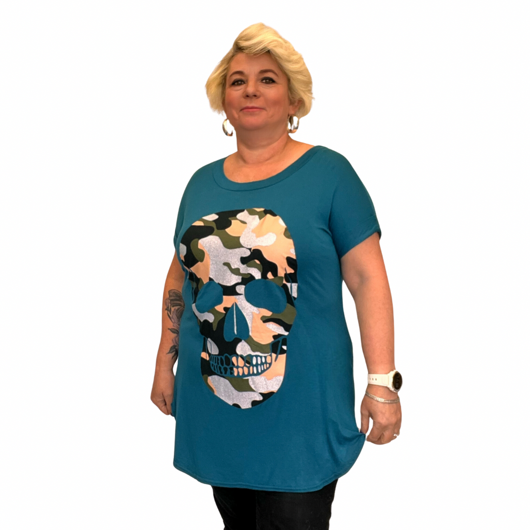 Dipped Hem Short Sleeve Glitter Skull T-Shirt