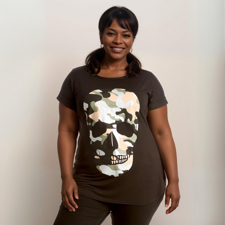 Dipped Hem Short Sleeve Glitter Skull T-Shirt