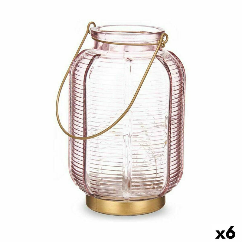 Lanterne à LED Rayures Rose Doré verre 13,5 x 22 x 13,5 cm (6 Unités)