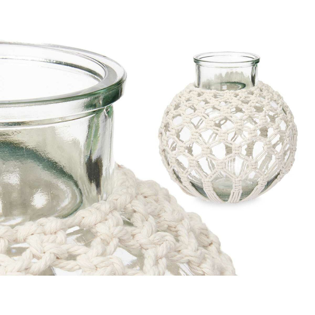 Vase Gift Decor White Transparent Cloth Glass Macrame 25 x 26,5 x 25 cm (4 Units)