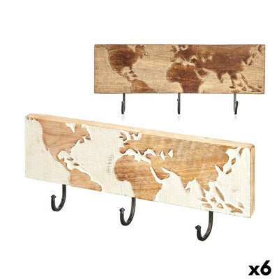 Wall mounted coat hanger Mango wood 38 x 16 x 5 cm (6 Units) World Map