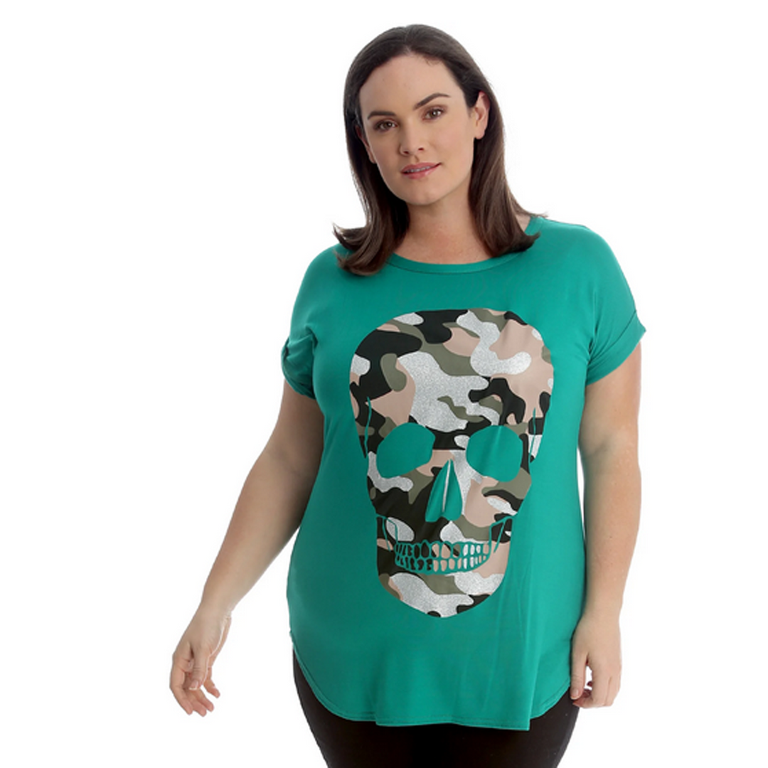 Dipped Hem Short Sleeve Glitter Skull T-Shirt