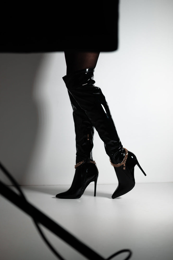 ALICE OVER THE KNEE HIGH HEEL BOOT IN BLACK PATENT FAUX LEATHER
