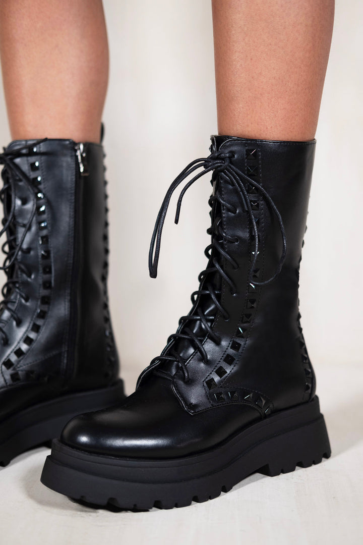 JOLENE CHUNKY LACE UP CALF BOOTS WITH SIDE ZIP & STUD DETAILS IN BLACK FAUX LEATHER