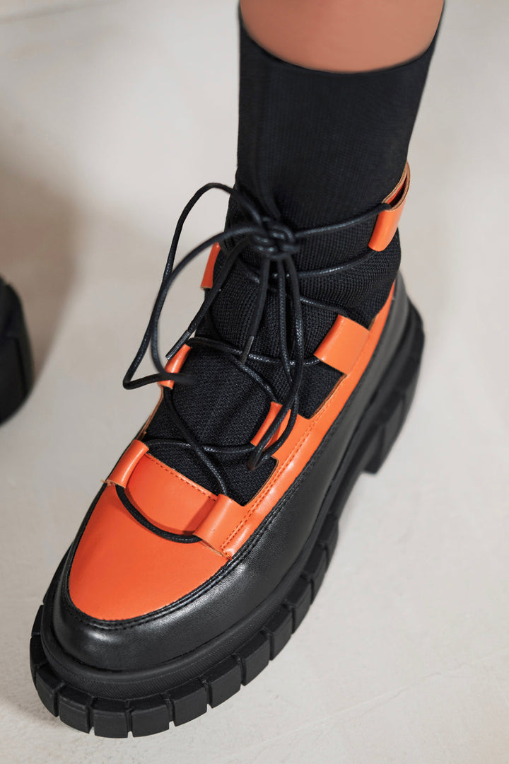 ZURI LACE UP KNITTED CHUNKY SOLE ANKLE BOOTS IN ORANGE