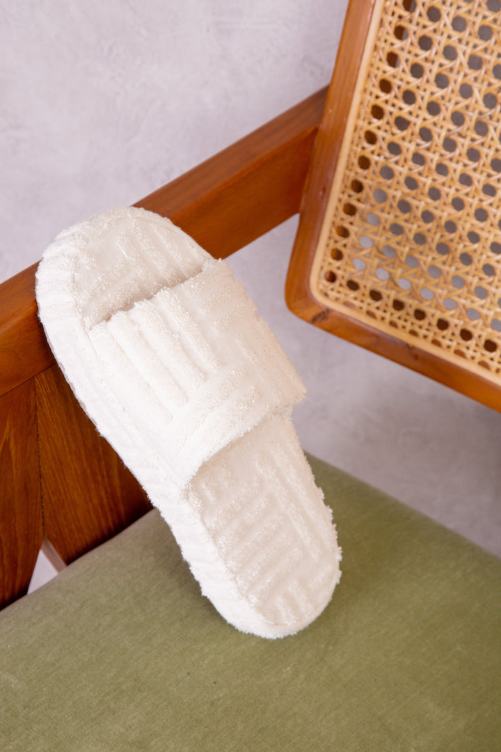 VESPA TERRY TOWEL FABRIC FLATFORM SLIDER IN IVORY CREAM