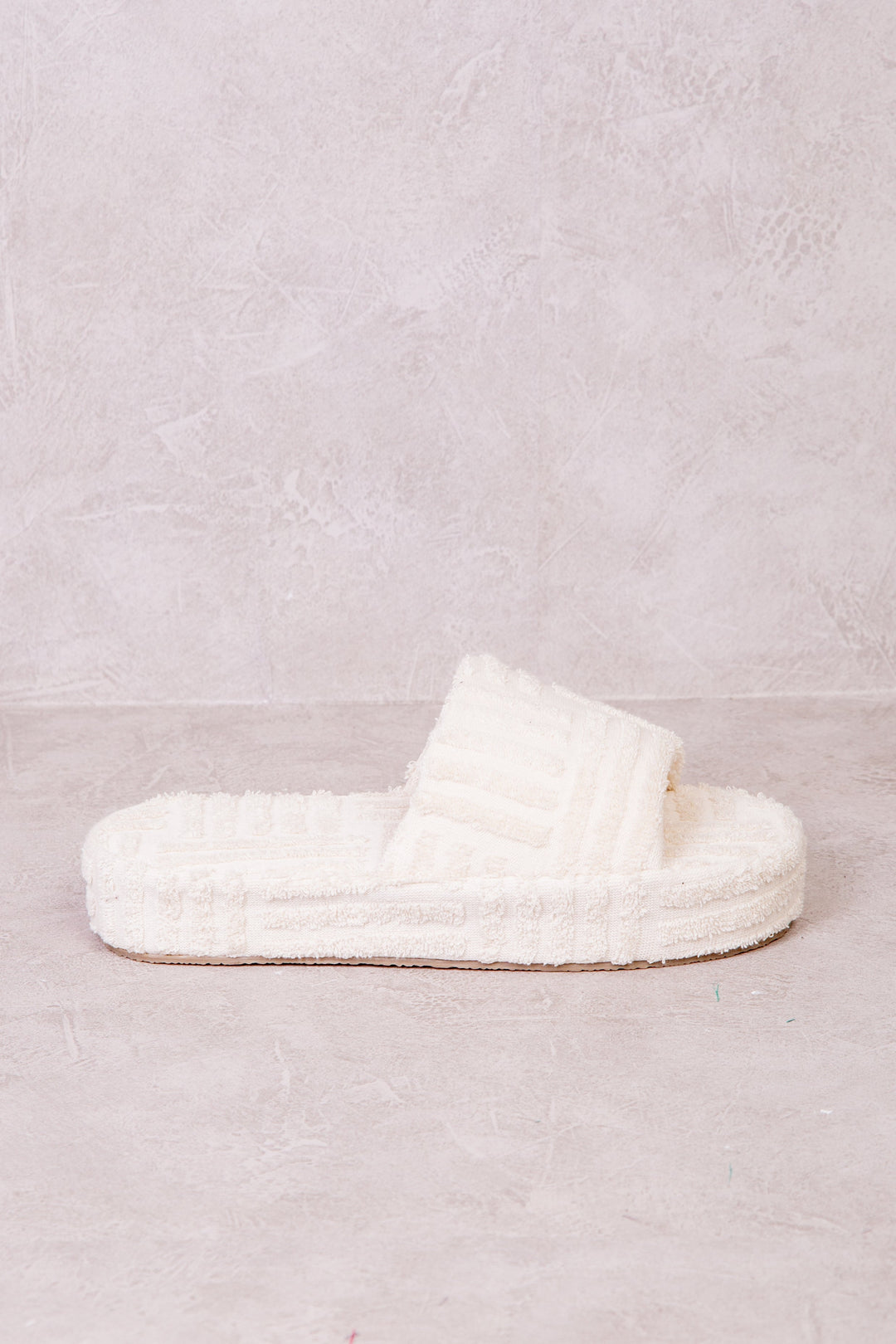 VESPA TERRY TOWEL FABRIC FLATFORM SLIDER IN IVORY CREAM