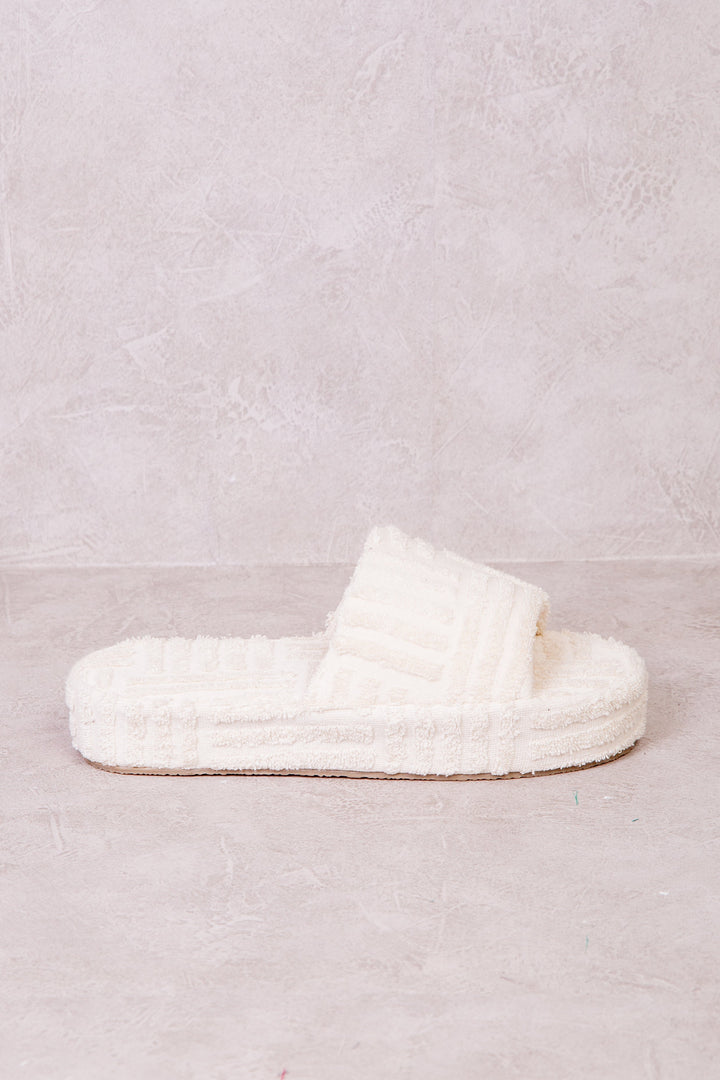 VESPA TERRY TOWEL FABRIC FLATFORM SLIDER IN IVORY CREAM