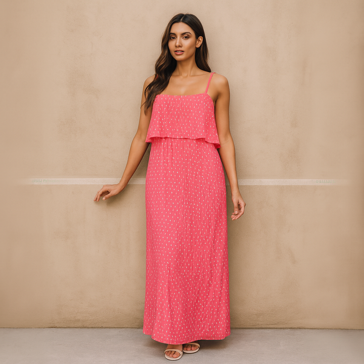 Polka Dot Pleated Strappy Maxi Dress