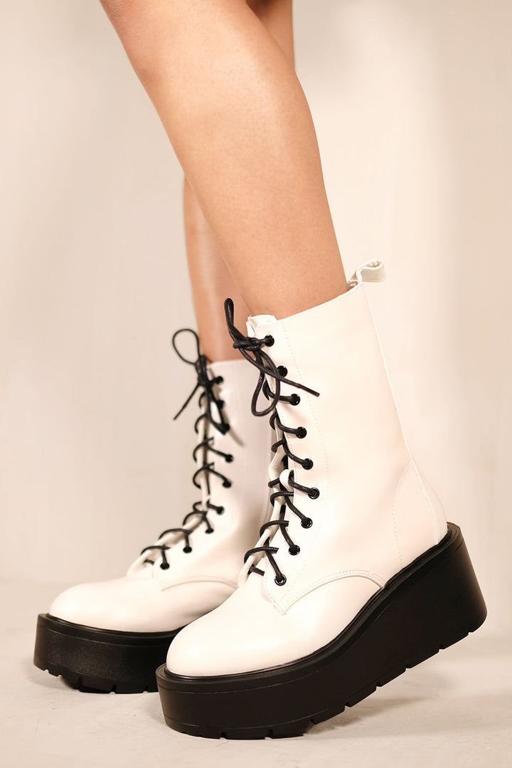 VIVIANA CHUNKY SOLE PLATFORM LACE UP ANKLE BOOTS IN WHITE FAUX LEATHER