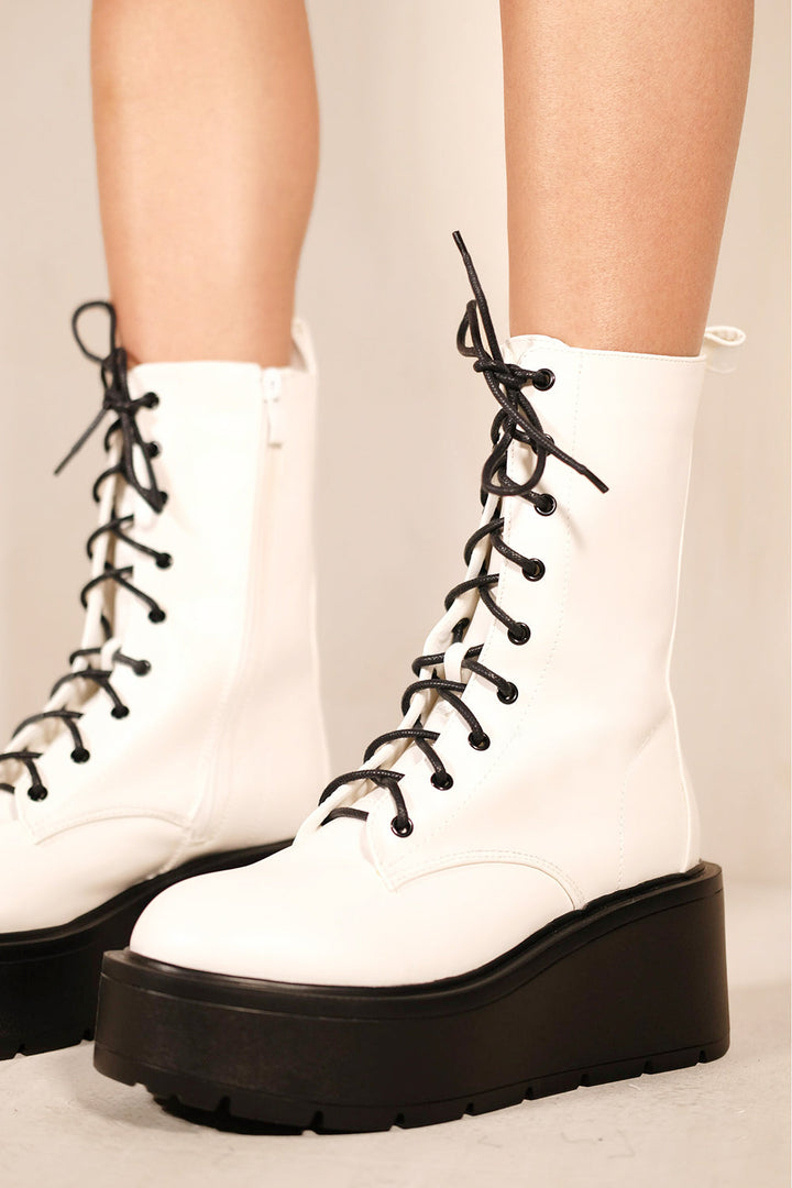 VIVIANA CHUNKY SOLE PLATFORM LACE UP ANKLE BOOTS IN WHITE FAUX LEATHER
