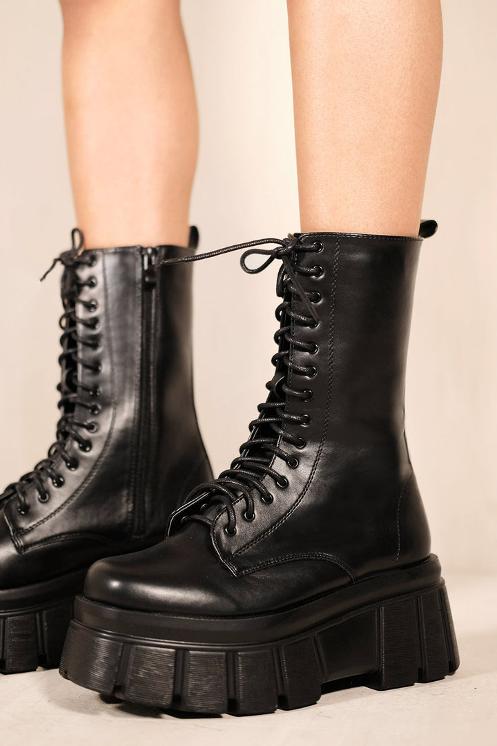 CECILIA CHUNKY SOLE PLATFORM LACE UP ANKLE BOOTS IN BLACK FAUX LEATHER