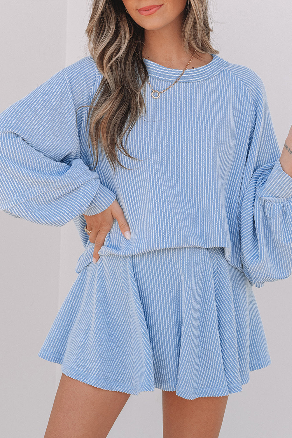 Jet Stream Corded Lantern Sleeve Top High Waist Ruffled Mini Skirt Set