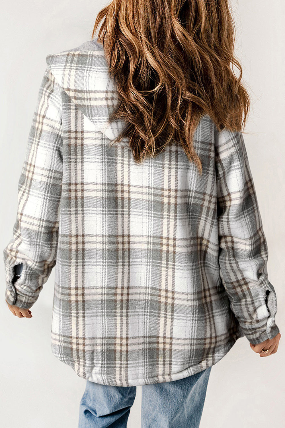 Blue Plaid Pattern Sherpa Lined Hooded Shacket