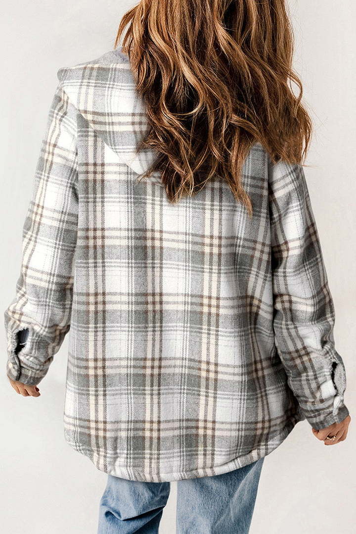 Blue Plaid Pattern Sherpa Lined Hooded Shacket