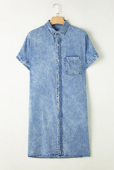Light Blue Loose Medium Wash Short Sleeve Shirt Chambray Dress